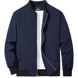 Men's Navy Blue Lightweight Casual Style Bomber Jacket Golf Coat Zip Up Pockets